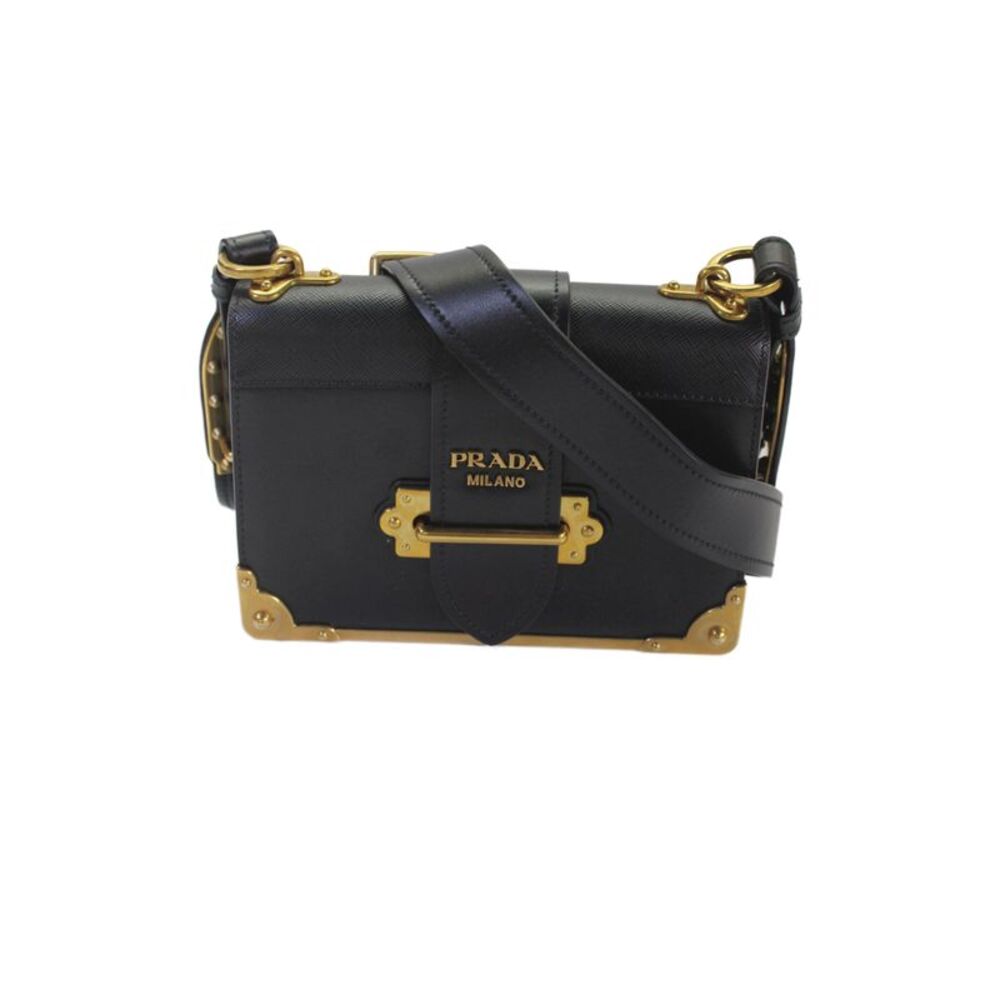Prada Womens Leather Gold Buckle Closure Cahier Shoulder Handbag Black